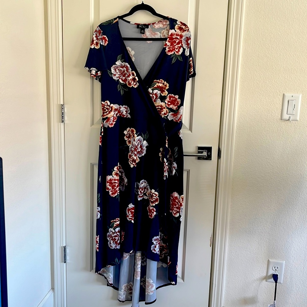 Floral print wrap, butterfly sleeves, high low hem dress.